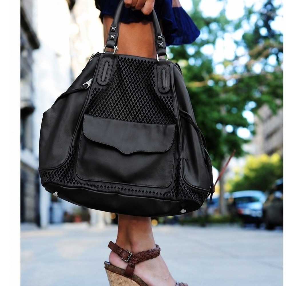 Rebecca Minkoff Black Leather Laser Cut Tote Hobo Bag Tassels Studs